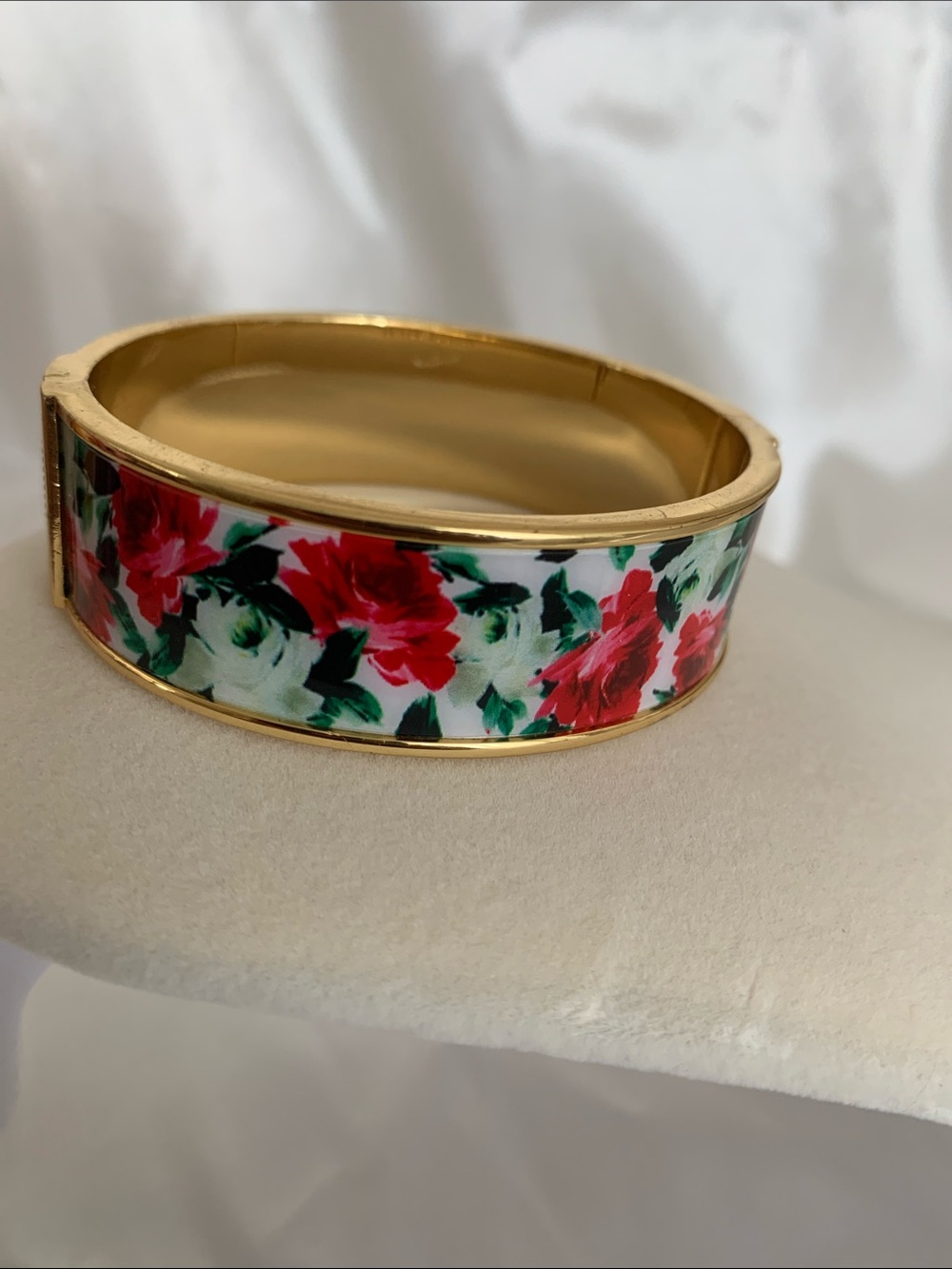 Gold Floral Enamel Hinged Bangle Bracelet - Red & Green